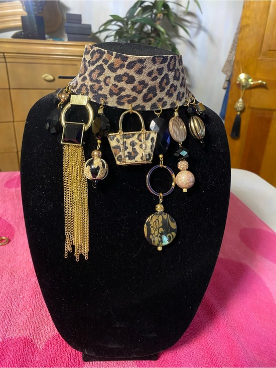 Jewelry - Leopard Print Statement Choker Necklace with Gold and Black Charms